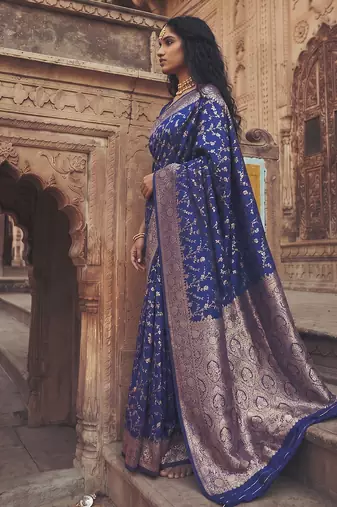 elegant navy blue soft silk blend saree for women festive wedding party wear