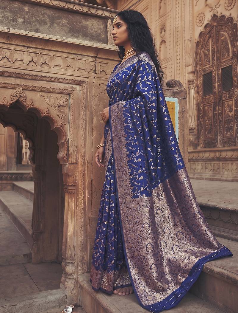 elegant navy blue soft silk blend saree for women festive wedding party wear