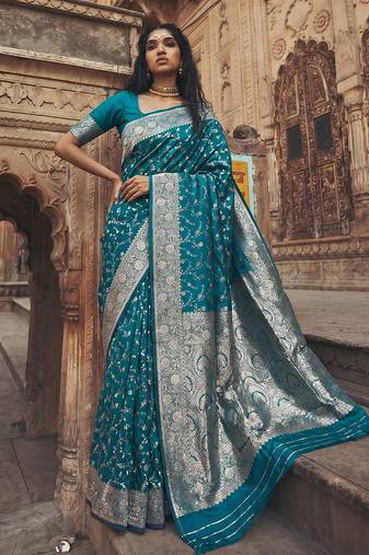luxurious teal blue soft silk blend saree for women festive wedding party wear