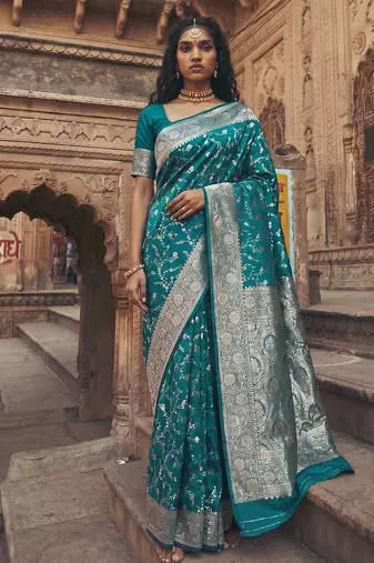 exclusive teal green soft silk blend saree for women festive wedding party wear