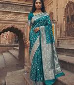 exclusive teal green soft silk blend saree for women festive wedding party wear