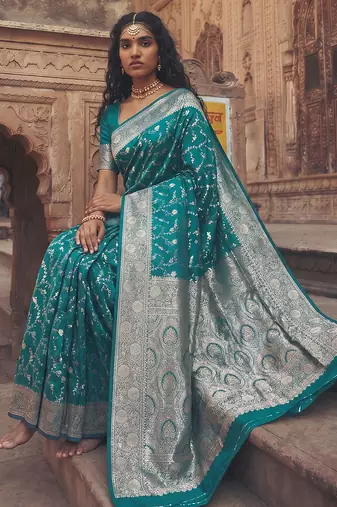 exclusive teal green soft silk blend saree for women festive wedding party wear