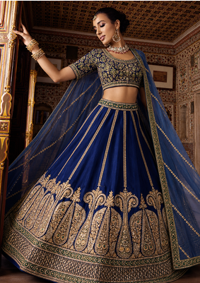 slub silk navy blue embroidered lehenga set  1