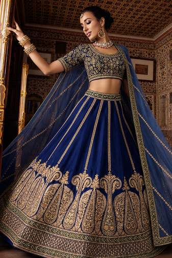 slub silk navy blue embroidered lehenga set 