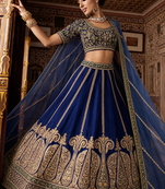 slub silk navy blue embroidered lehenga set 