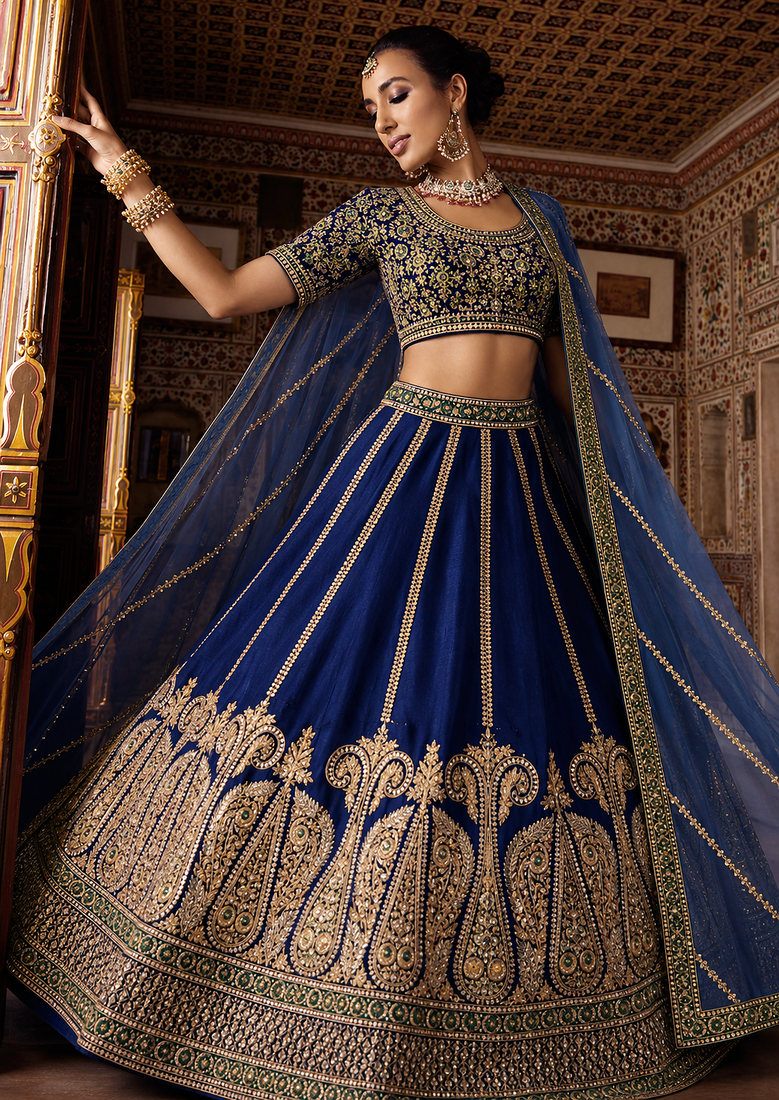 slub silk navy blue embroidered lehenga set 