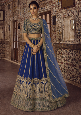 slub silk navy blue embroidered lehenga set  3