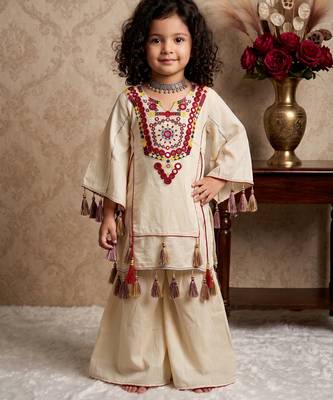 cream pure khadi cottan ethnic wear set with embroidery sequence work with real mirror work - designer party wear 1