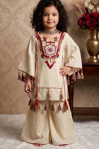 cream pure khadi cottan ethnic wear set with embroidery sequence work with real mirror work - designer party wear