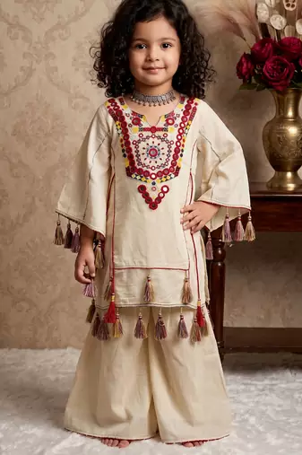 cream pure khadi cottan ethnic wear set with embroidery sequence work with real mirror work - designer party wear