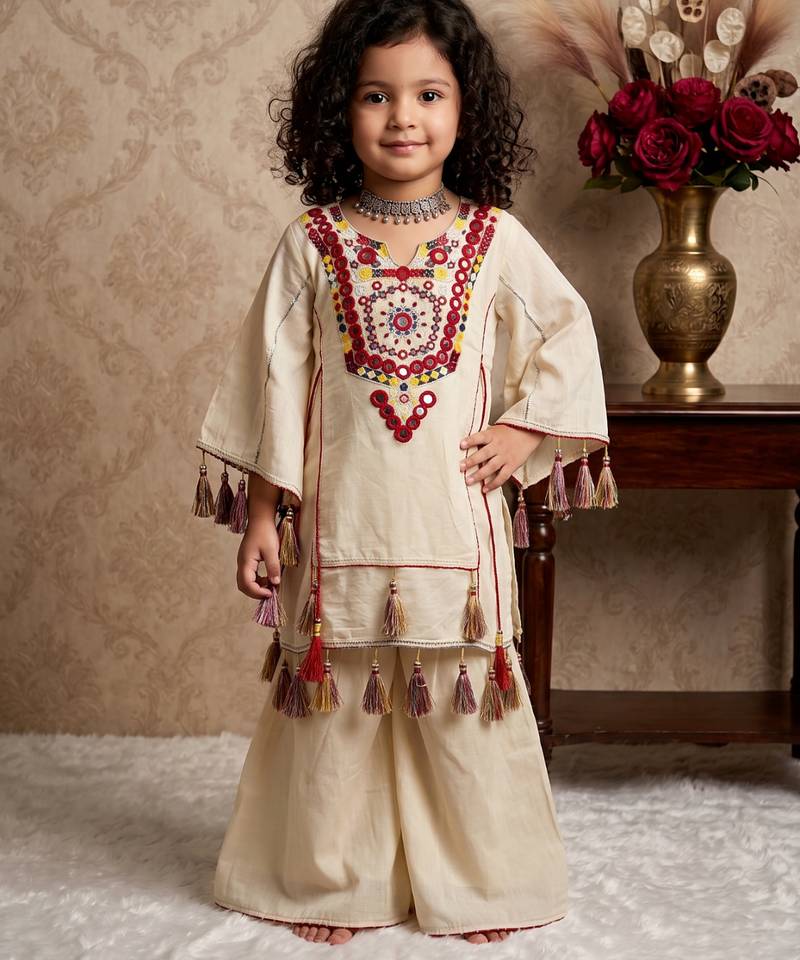 cream pure khadi cottan ethnic wear set with embroidery sequence work with real mirror work - designer party wear