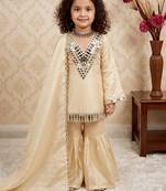 cream cosmos gold jari silk with thread with real mirror - designer party wear