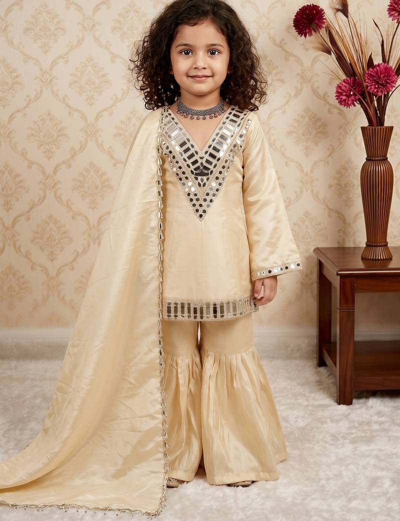 cream cosmos gold jari silk with thread with real mirror - designer party wear