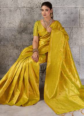 mustard yellow banarasi silk blend saree for women - festive & wedding wear 4