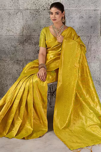 mustard yellow banarasi silk blend saree for women - festive & wedding wear