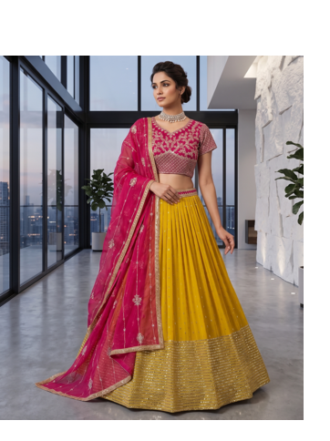 Elegant Pink Embroidered Blouse & Dupatta with Mustard Lehenga  1