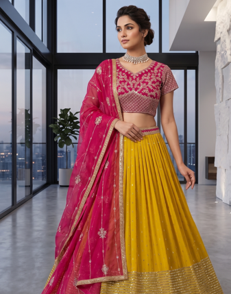 Elegant Pink Embroidered Blouse & Dupatta with Mustard Lehenga 