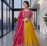 Elegant Pink Embroidered Blouse & Dupatta with Mustard Lehenga 