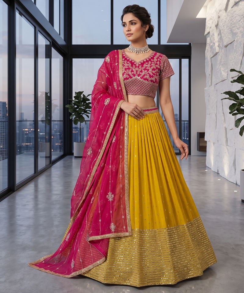 Elegant Pink Embroidered Blouse & Dupatta with Mustard Lehenga 