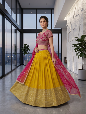 Elegant Pink Embroidered Blouse & Dupatta with Mustard Lehenga  2
