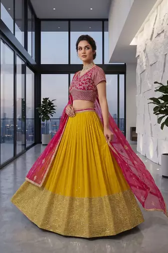 Elegant Pink Embroidered Blouse & Dupatta with Mustard Lehenga 