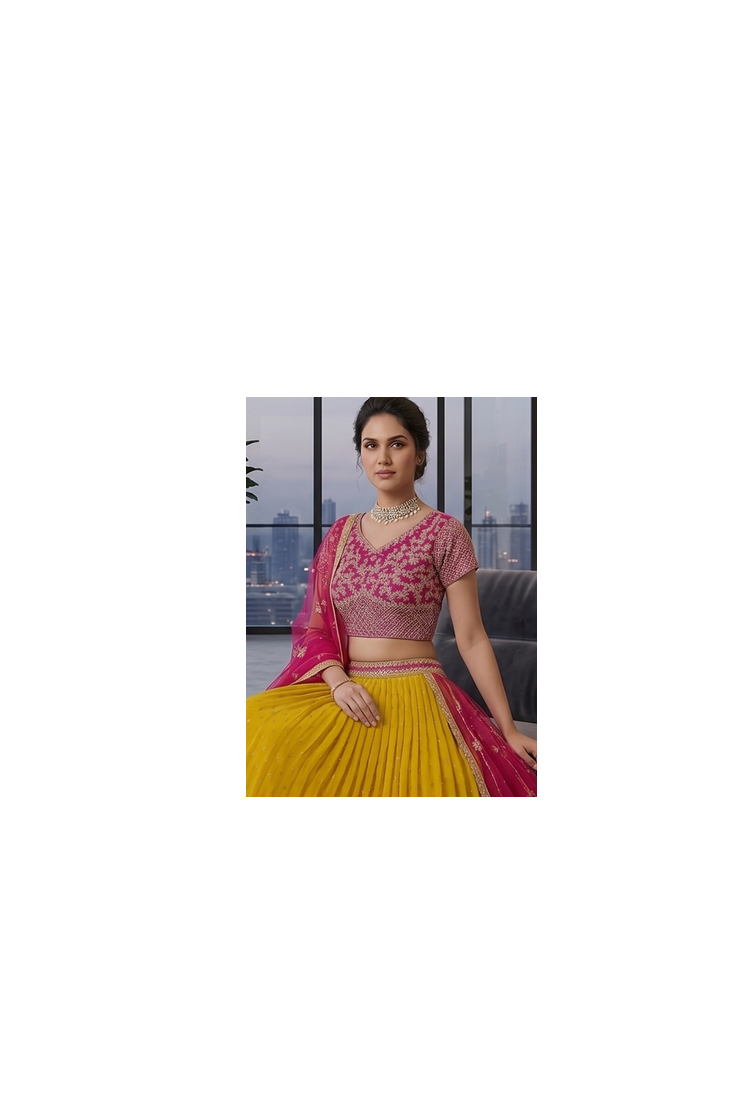 Elegant Pink Embroidered Blouse & Dupatta with Mustard Lehenga  3