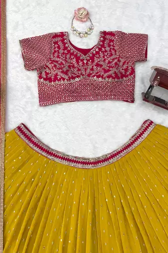 Elegant Pink Embroidered Blouse & Dupatta with Mustard Lehenga 