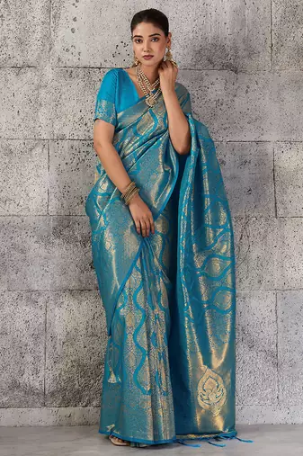 teal blue banarasi silk blend saree for women - festive & wedding wear