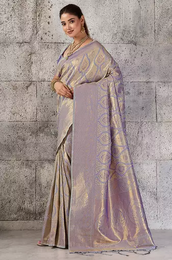 silver grey banarasi silk blend saree for women - festive & wedding wear