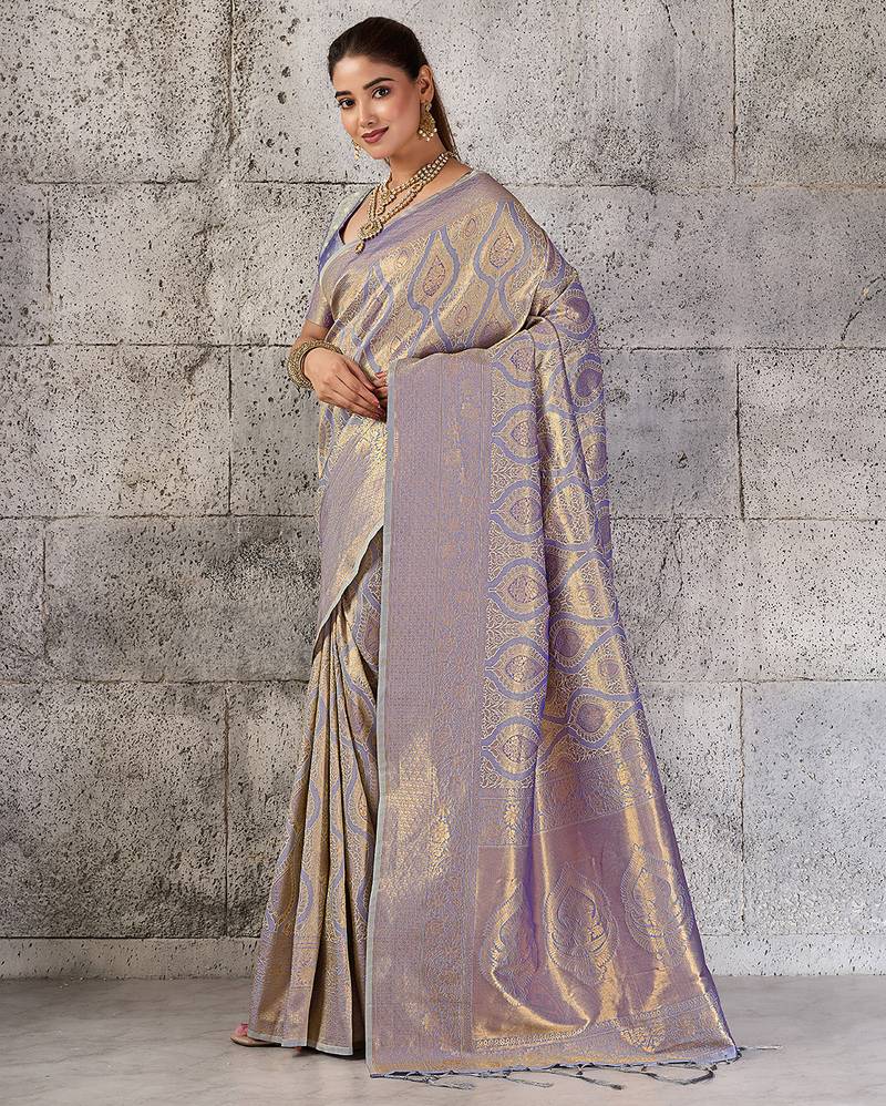 silver grey banarasi silk blend saree for women - festive & wedding wear