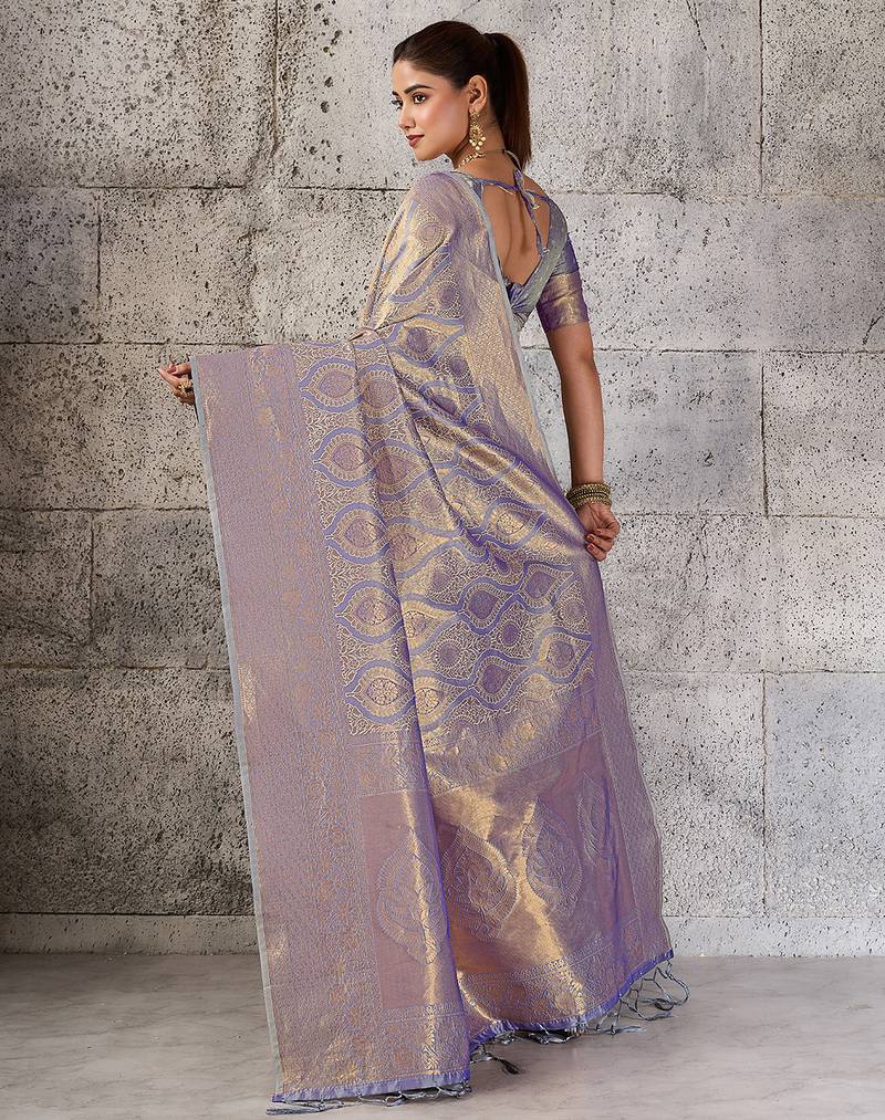 silver grey banarasi silk blend saree for women - festive & wedding wear