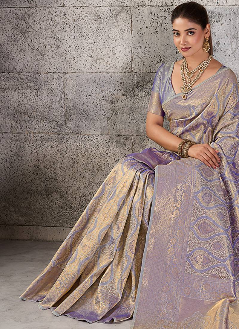 silver grey banarasi silk blend saree for women - festive & wedding wear