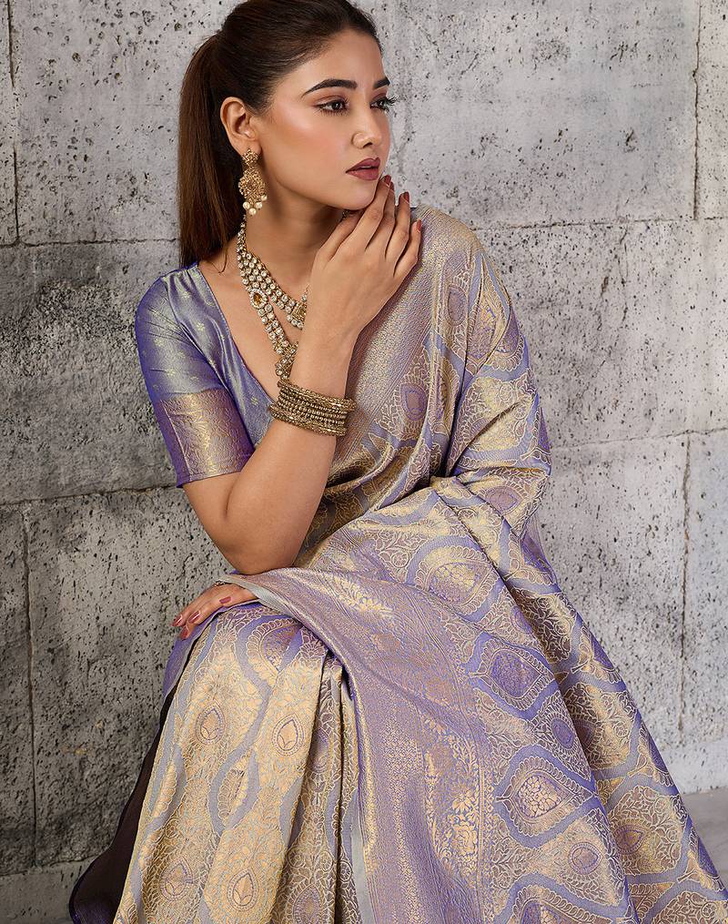 silver grey banarasi silk blend saree for women - festive & wedding wear