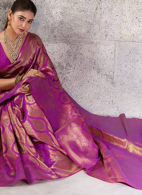 rani pink banarasi silk blend saree for women - festive & wedding wear 4
