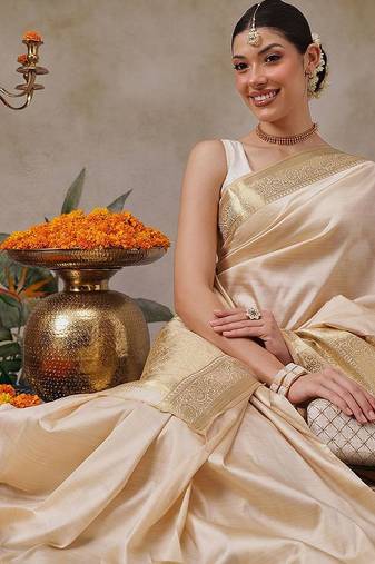 Beige plain silk blend ethnic saree with blouse piece