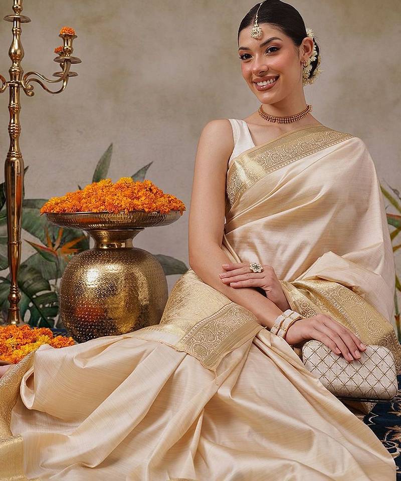 Beige plain silk blend ethnic saree with blouse piece