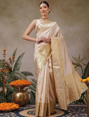 beige silk blend kasavu saree with zari work 2