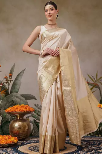 Beige plain silk blend ethnic saree with blouse piece