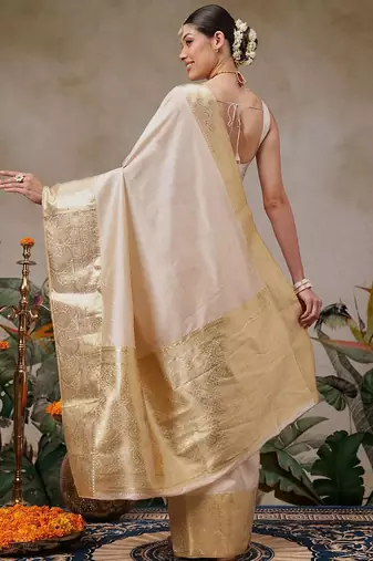 Beige plain silk blend ethnic saree with blouse piece