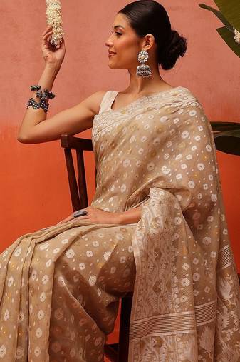 Beige woven cotton blend traditional saree with blouse piece