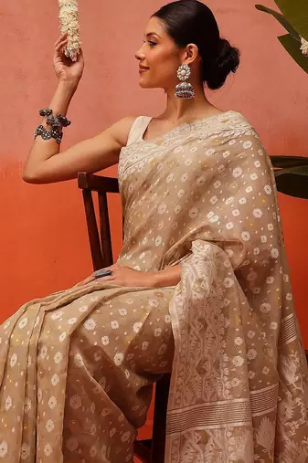 Beige woven cotton blend traditional saree with blouse piece