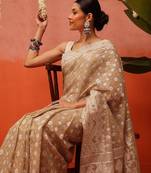 Beige woven cotton blend traditional saree with blouse piece