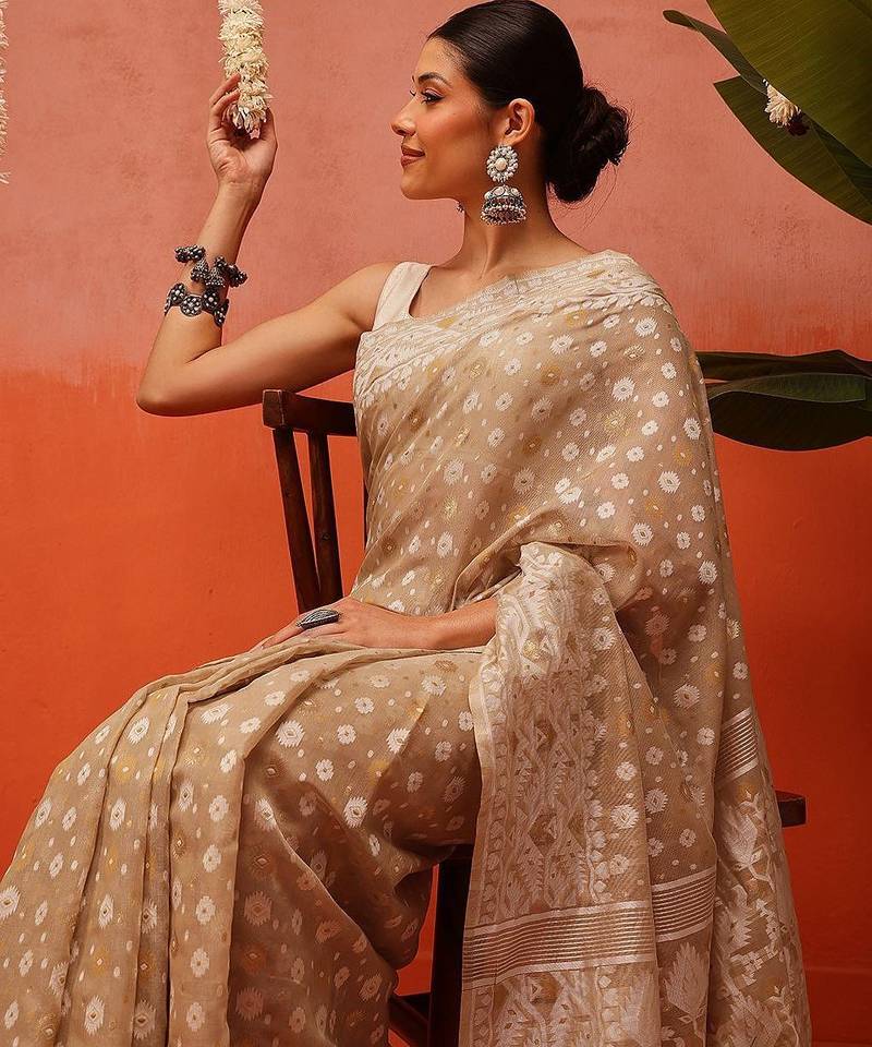 Beige woven cotton blend traditional saree with blouse piece