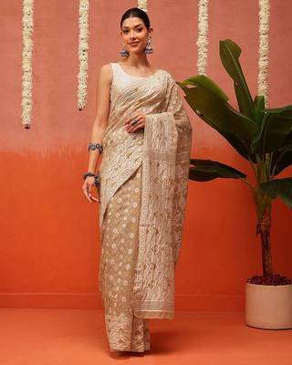 Beige woven cotton blend traditional saree with blouse piece 2