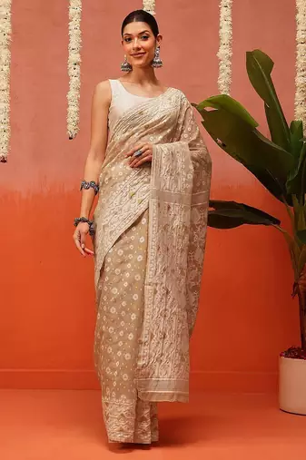 Beige woven cotton blend traditional saree with blouse piece