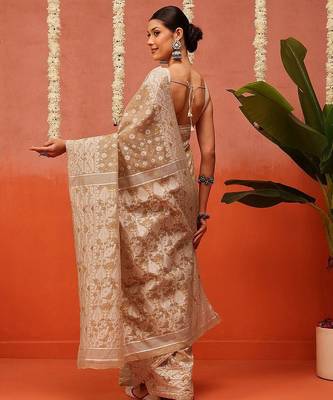 Beige woven cotton blend traditional saree with blouse piece 3