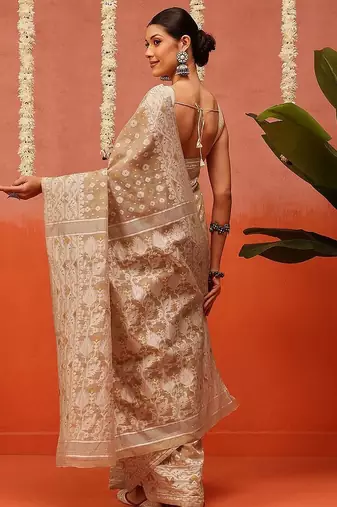 Beige woven cotton blend traditional saree with blouse piece