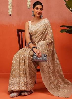 Beige woven cotton blend traditional saree with blouse piece 4