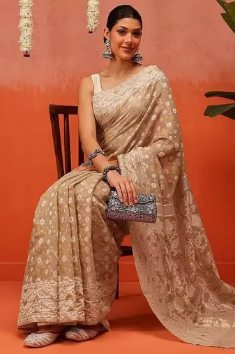 Beige woven cotton blend traditional saree with blouse piece