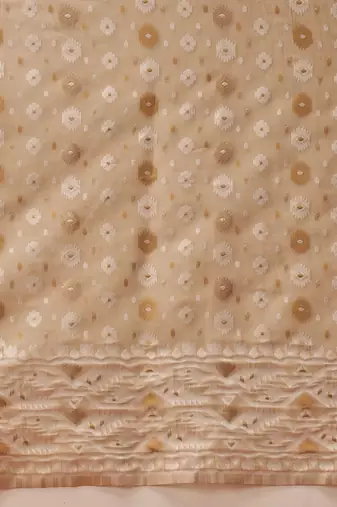 Beige woven cotton blend traditional saree with blouse piece